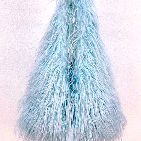 Light Blue Shaggy faux Fur BoHo HoBo Purse Tote Bag 70’s style - Picture 1 of 2